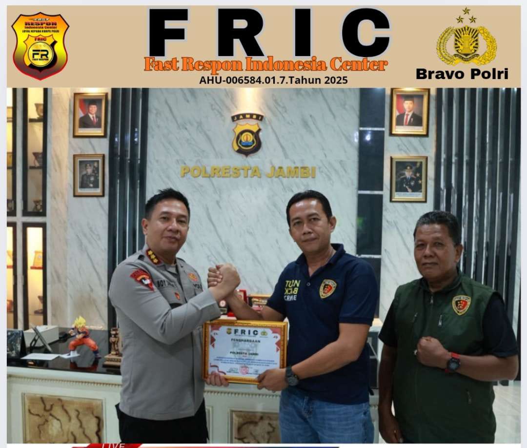 Kinerja Terbaik Gerak Cepat Ungkap Kasus Pembunuhan, DPW FRIC Jambi Berikan Penghargaan Kepada Polresta Jambi
