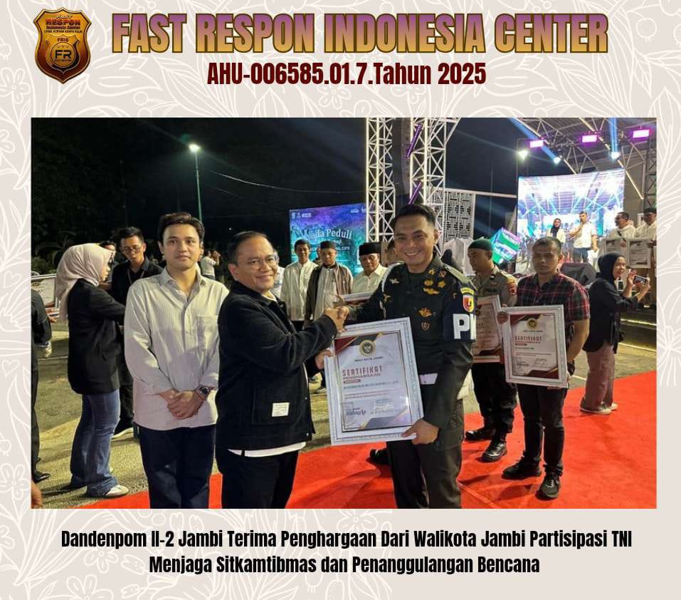Dandenpom II-2 Jambi Terima Penghargaan Dari Walikota Jambi Partisipasi Menjaga Sitkamtibmas dan Penanganan Bencana 