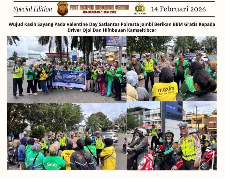 Wujud Kasih Sayang Pada Valentine Day Satlantas Polresta Jambi Berikan BBM Gratis Kepada Driver Ojol Dan Himbauan Kamseltibcar Lantas