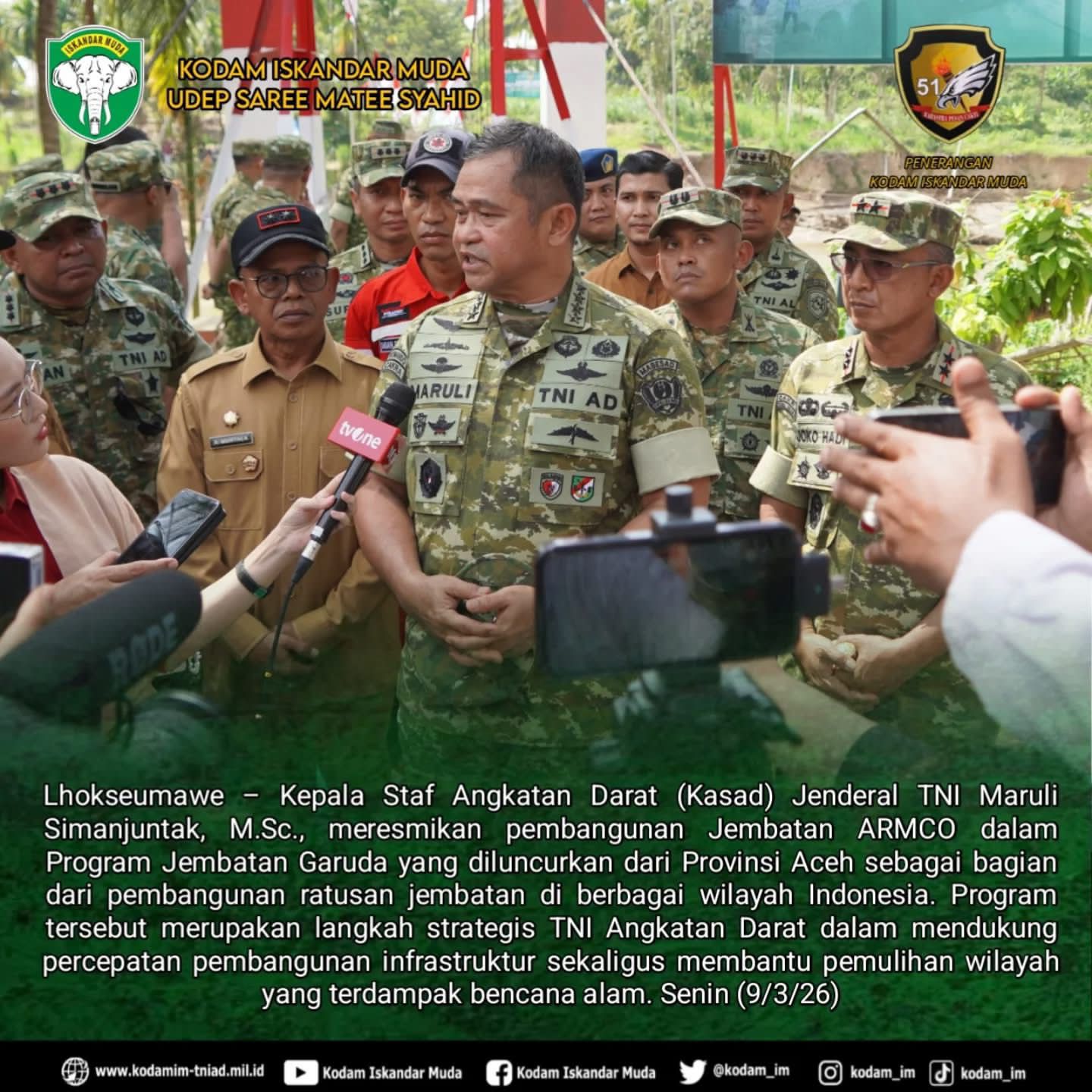 Kasad Resmikan Jembatan Perintis Garuda di Aceh, Buka Akses Wilayah Terpencil Pascabencana