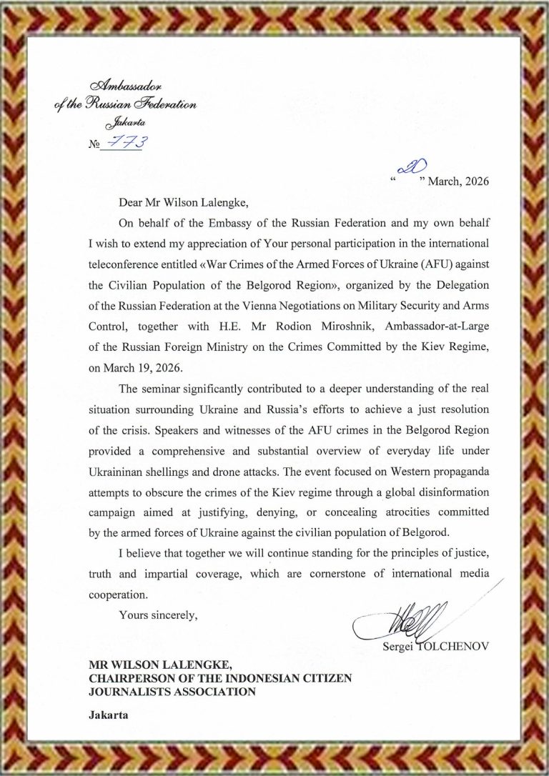 Dubes Rusia Sampaikan Terima Kasih kepada PPWI atas Peran dalam Telekonferensi Internasional Bahas Konflik Rusia–Ukraina