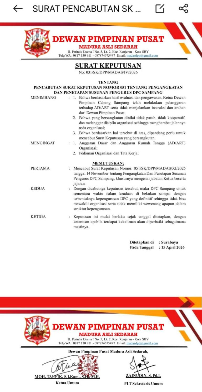 SK Dicabut, DPC Sampang Dibekukan