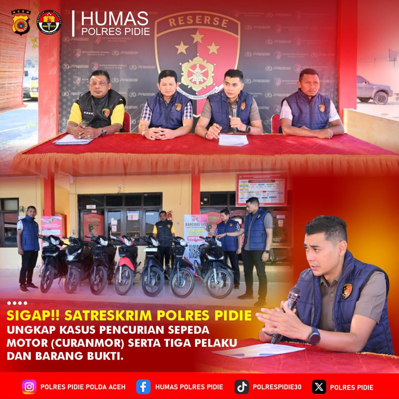 ‎Polres Pidie Ungkap Kasus Curanmor, Tiga Pelaku Ditangkap  ‎