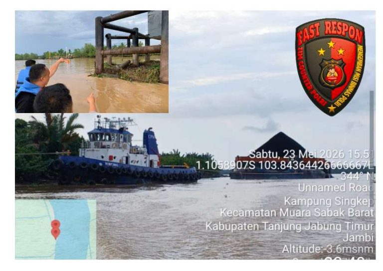 Sat Polair Polres Tanjab Timur Lakukan Penyelidikan Pasca Tongkang Batu Bara Tabrak Fender Jembatan Muara Sabak