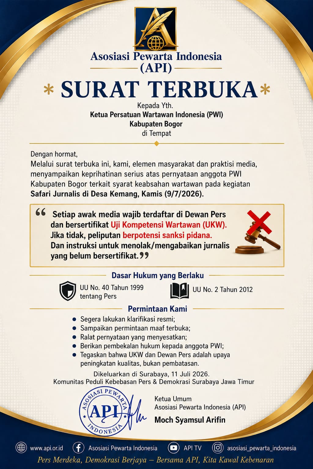 API Kecam Keras Pernyataan PWI Bogor: UKW & Dewan Pers Bukan Alat Menutup Ruang Kebebasan Pers