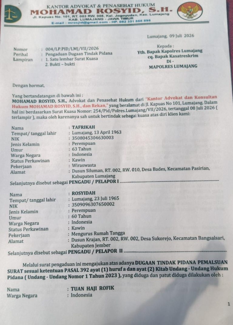 Dugaan Pemalsuan Surat, Kuasa Hukum Laporkan Mantan Kades ke Polres Lumajang