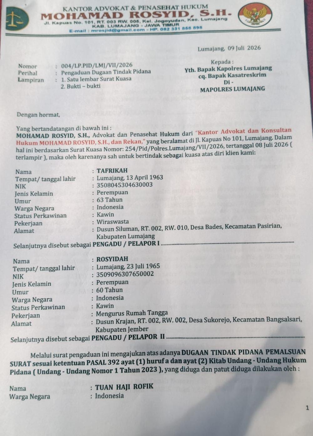 Dugaan Pemalsuan Surat, Kuasa Hukum Laporkan Mantan Kades ke Polres Lumajang